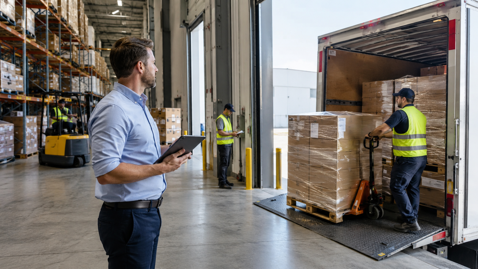 Concerned seller reviews warehouse inventory on a tablet while evaluating the impact of Long-Term Storage Fees.