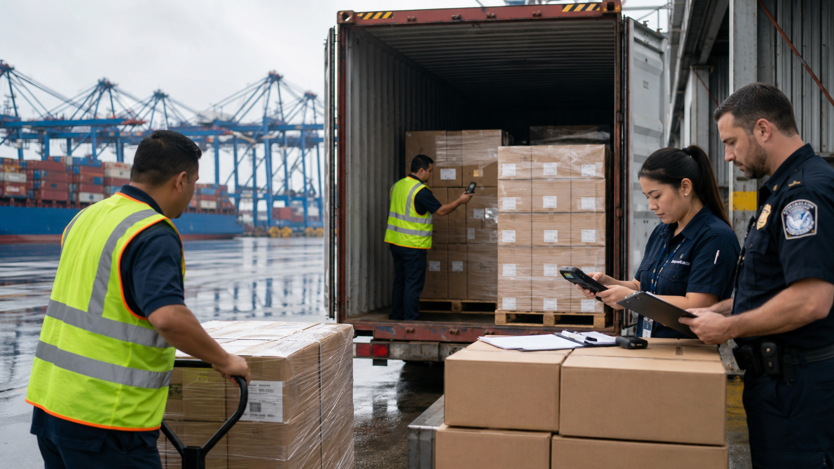 Logistics and customs personnel inspecting imported goods at a US port during a shipment process designed to import from China and sell directly in the US.