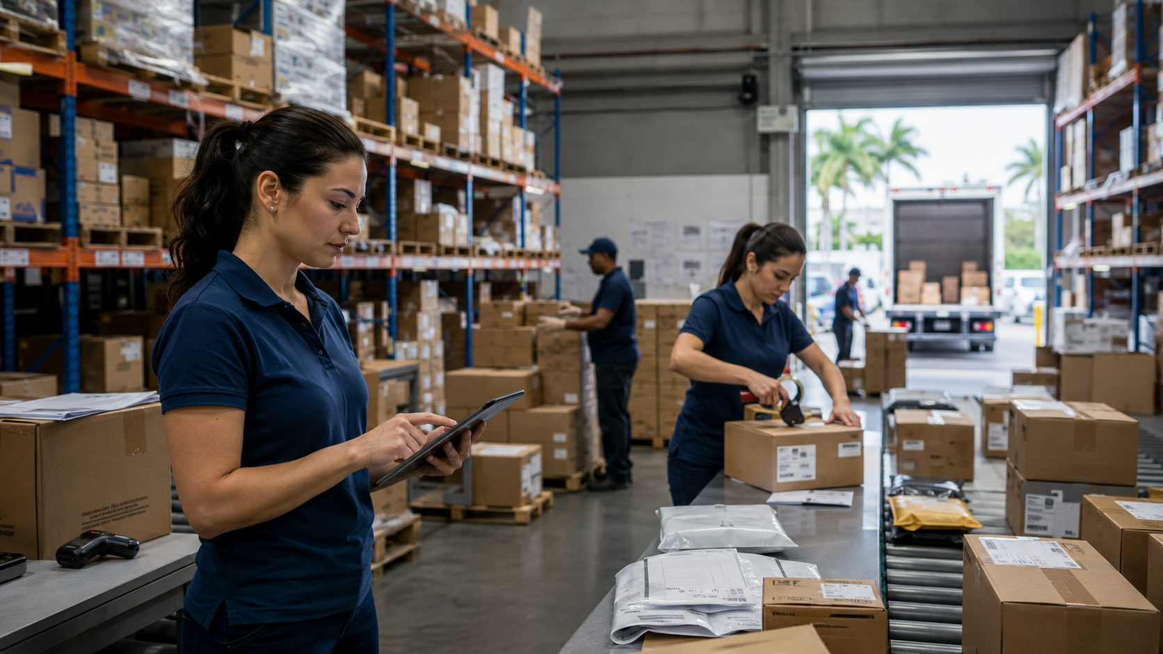 Warehouse staff managing inventory, packing orders, and preparing shipments in a US fulfillment center for companies that import from China and sell directly in the US.