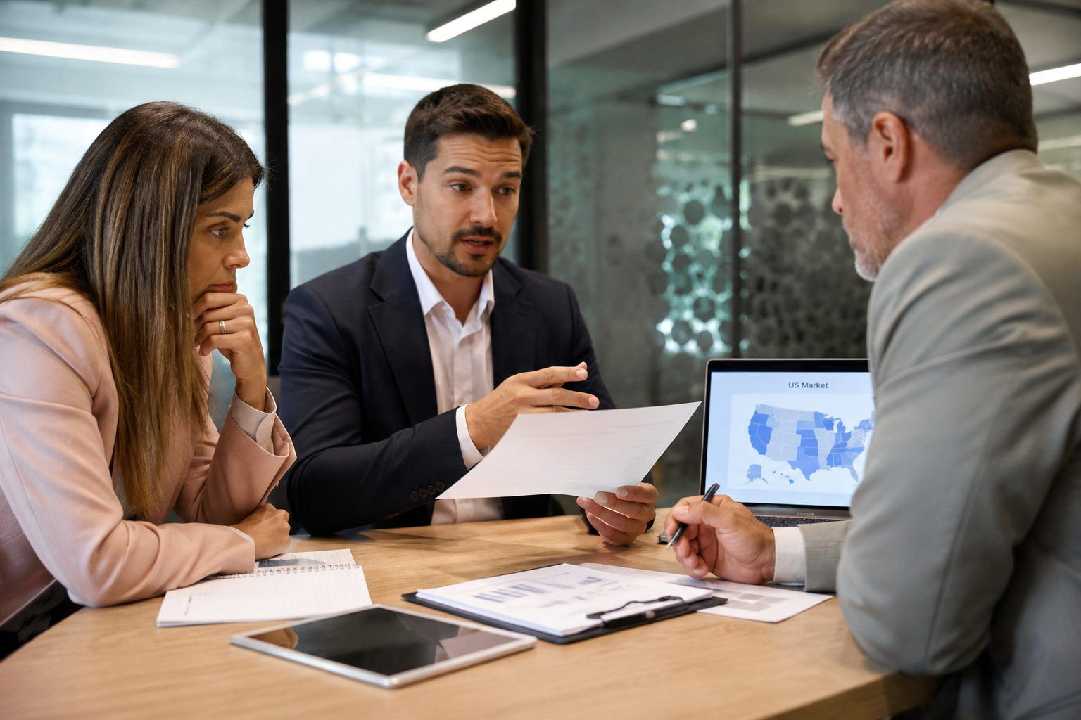 Business professionals reviewing US market documents during a strategic meeting.