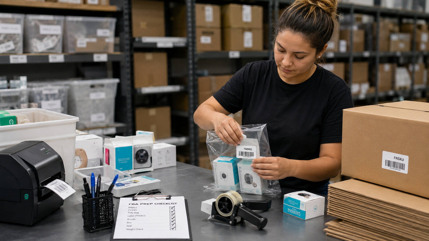 Amazon FBA Prep worker labeling bundled products with FNSKU barcodes at a warehouse packing station.