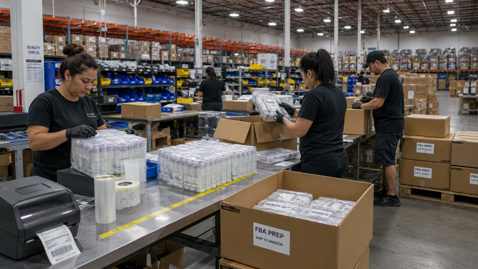 Amazon FBA Prep team preparing bundled products, applying barcode labels, and packing cartons for shipment.